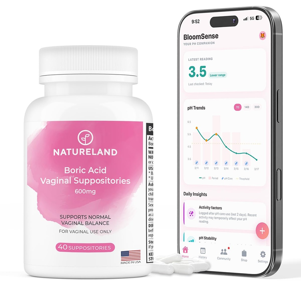 Natureland 40 Count, 600mg Boric Acid Vaginal Suppositories, Made in USA, Restore pH Balance and Reduce Dryness, Odors, Itchiness, and Remission, Support Intimate Health (40 Count (Pack of 1))