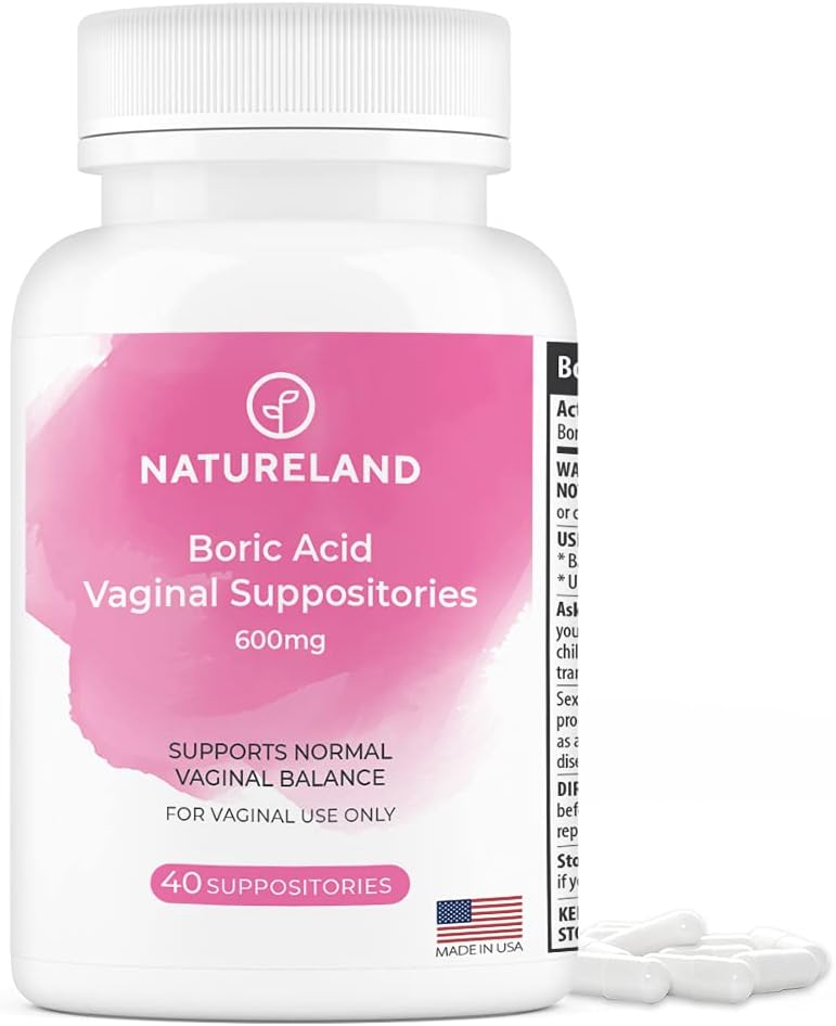 Natureland 40 Count, 600mg Boric Acid Vaginal Suppositories, Made in USA, Restore pH Balance and Reduce Dryness, Odors, Itchiness, and Remission, Support Intimate Health (40 Count (Pack of 1))