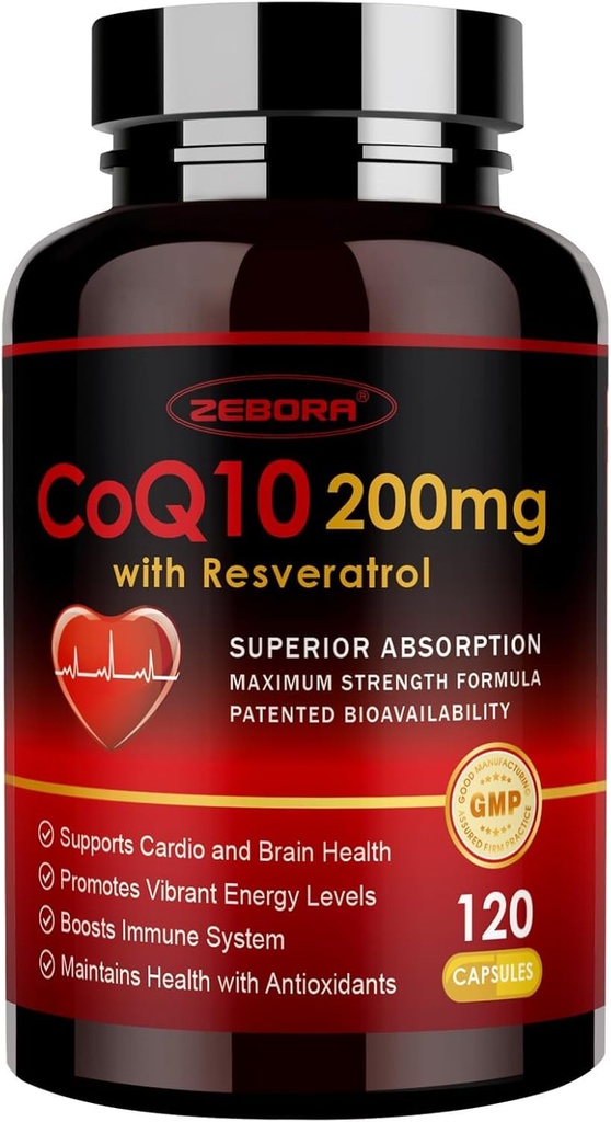 ZEBORA CoQ10-200mg με Trans-ρεσβερατρόλη, PQQ & Βιταμίνη Ε - Υψηλής Απορρόφησης Συνένζυμο-Q10 με BioPerine - Ισχυρό Αντιοξειδωτικό για την καρδιά & την ενέργεια-παραγωγή,120 Κάψουλες Veggie