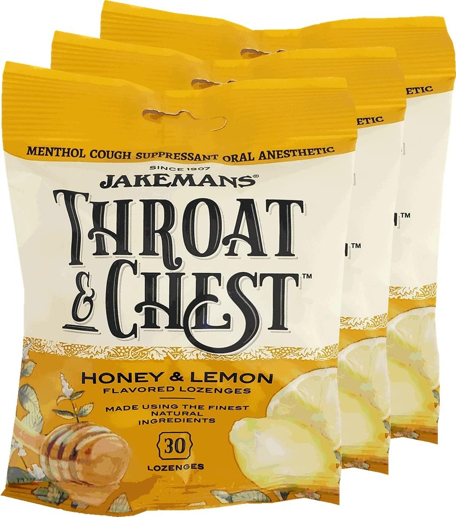 Jakemans Μέλι και Λαρύγγι Λεμόνι & Στήθος Lozenges Cough Drops – Βήχας, Πονηρό Λαρύγγι και Εποχική Θλίψη Καταπραϋντική Ανακούφιση – Υγρό Σχήμα Drop 30 Lozenges (3 Pack)