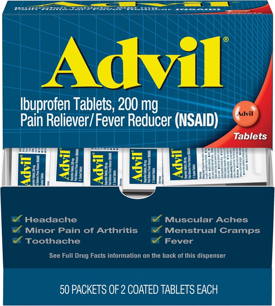 Advil Pain Reliever and Fever Reducer, Pain Relief Medicine with Ibuprofen 200mg for Headache, Backache, Menstrual Pain and Joint Pain Relief - 100 Coated Tablets ( Packaging may vary )