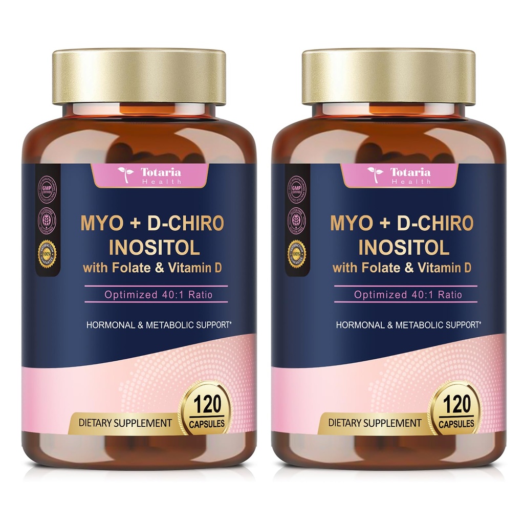 Totaria Inositol συμπλήρωμα για γυναίκες με βιταμίνη D3, Folate, 40:1 Λόγος Myo-Inositol & D-Chiro Inositol Complex, (Vitamin B8) Ινοσιτόλη Κάψουλες, Συσκευασία των 2