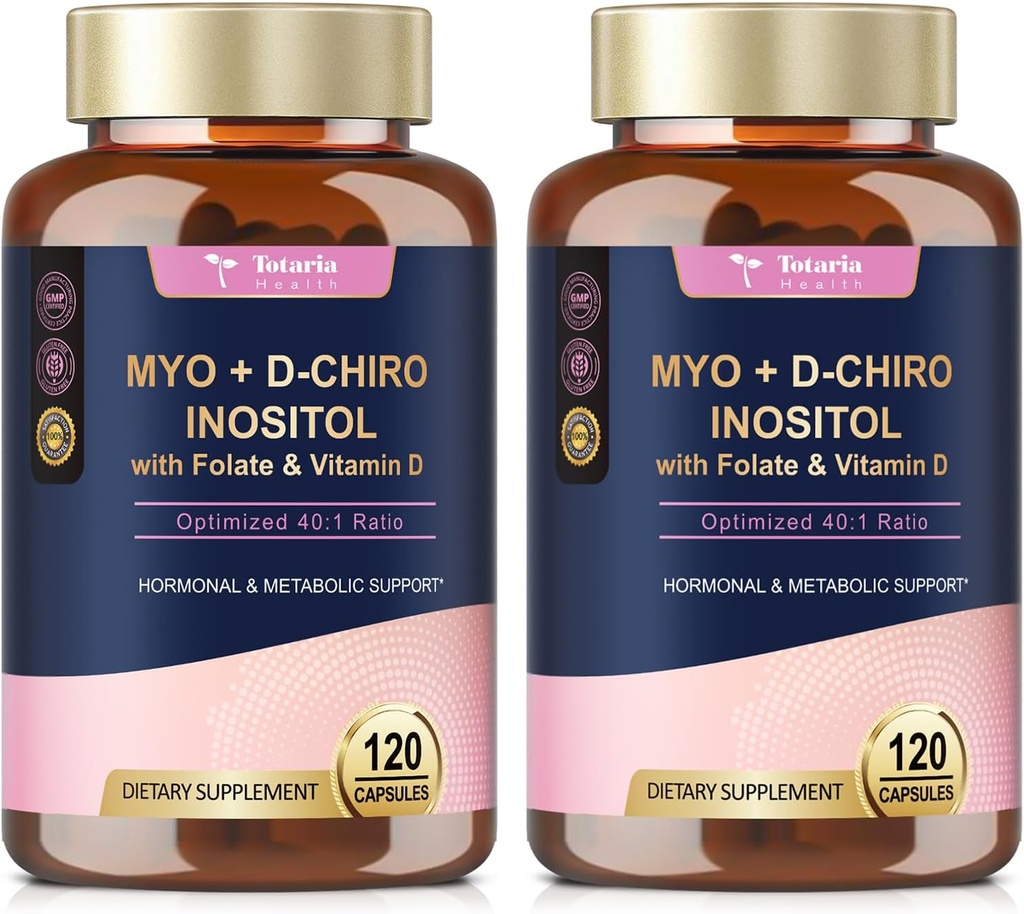 Totaria Inositol συμπλήρωμα για γυναίκες με βιταμίνη D3, Folate, 40:1 Λόγος Myo-Inositol & D-Chiro Inositol Complex, (Vitamin B8) Ινοσιτόλη Κάψουλες, Συσκευασία των 2