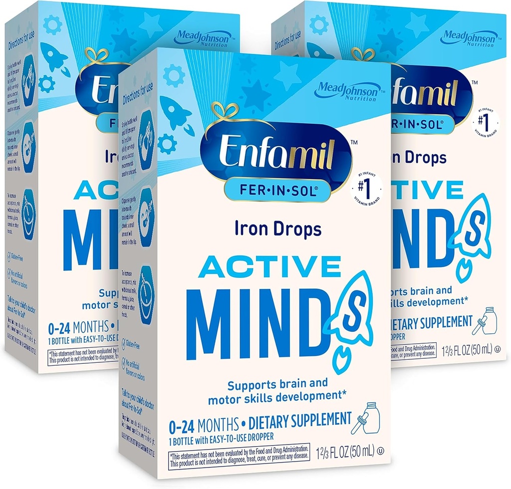 Enfamil Fer-In-Sol Iron Supplement Drops for Infants & Toddlers, Υποστηρίζει την ανάπτυξη του εγκεφάλου, 50 mL μπουκάλι Dropper, Συσκευασία των 3