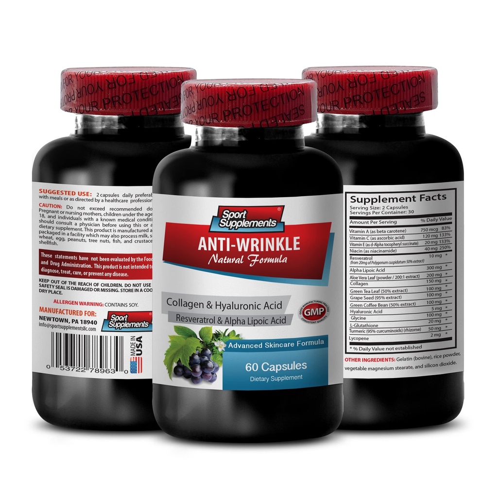 Resveratrol 250 - Αντιρυτιδική χάπια - Αντιγηραντική φροντίδα του δέρματος για τις γυναίκες, αντιρυτιδικά χάπια κολλαγόνου, χυμός αλόης vera για το δέρμα, κάψουλες aloe vera οργανικές, βιταμίνες τρανσορονικό οξύ, 1 Bot 60 κάψουλες