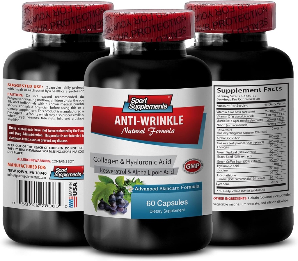 Resveratrol 250 - Anti-Wrinkle Pills - Anti aging skin care for women, collagen anti wrinkle pills, aloe vera juice for skin, aloe vera capsules organic, hauloronic acid vitamins, 1 Bot 60 Capsules