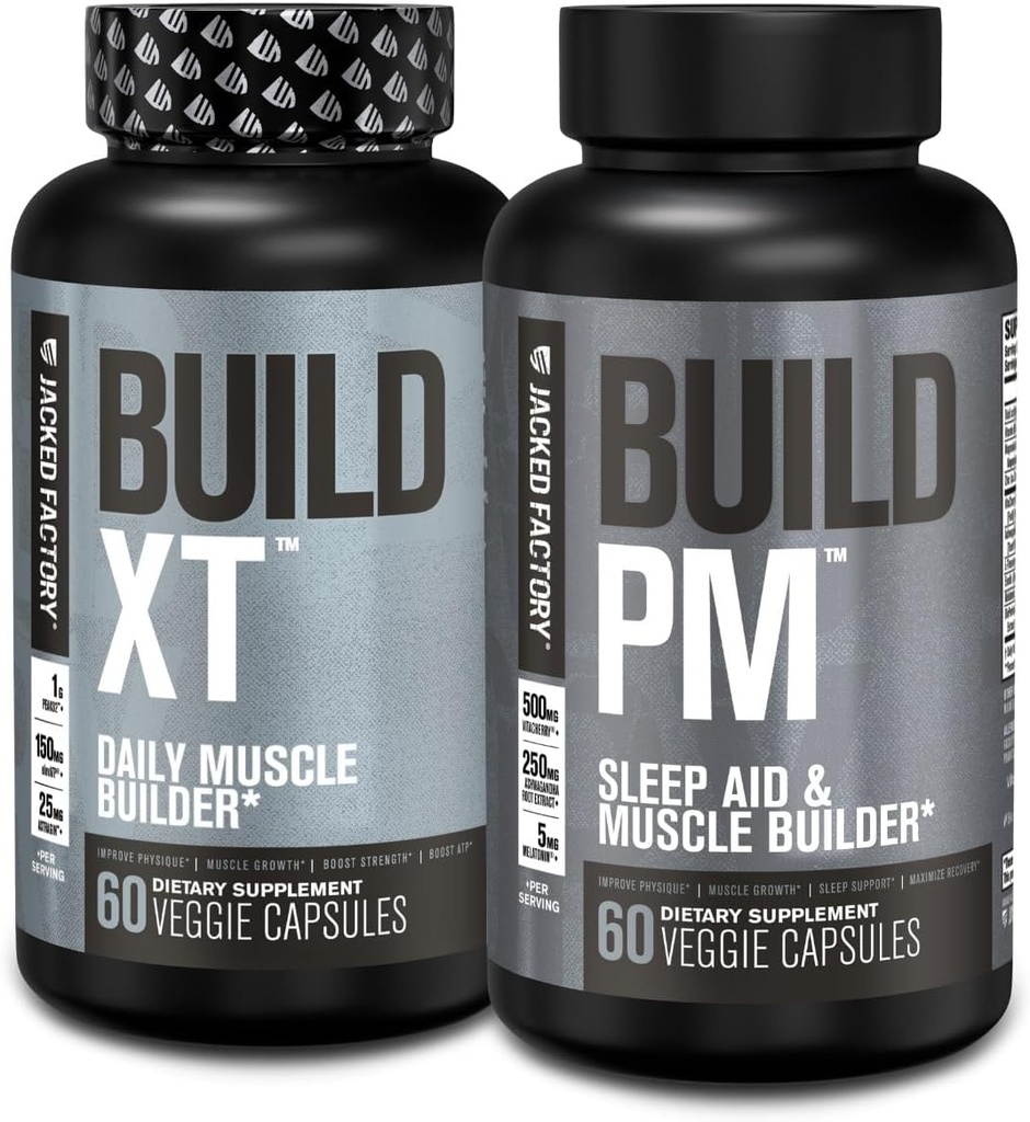 Backed Factory AM & PM Στοίβα συμπλήρωμα οικοδόμησης μυών - Build-XT Muscle Builder & Build PM Night Time μυϊκή ανάπτυξη & βοήθεια ύπνου