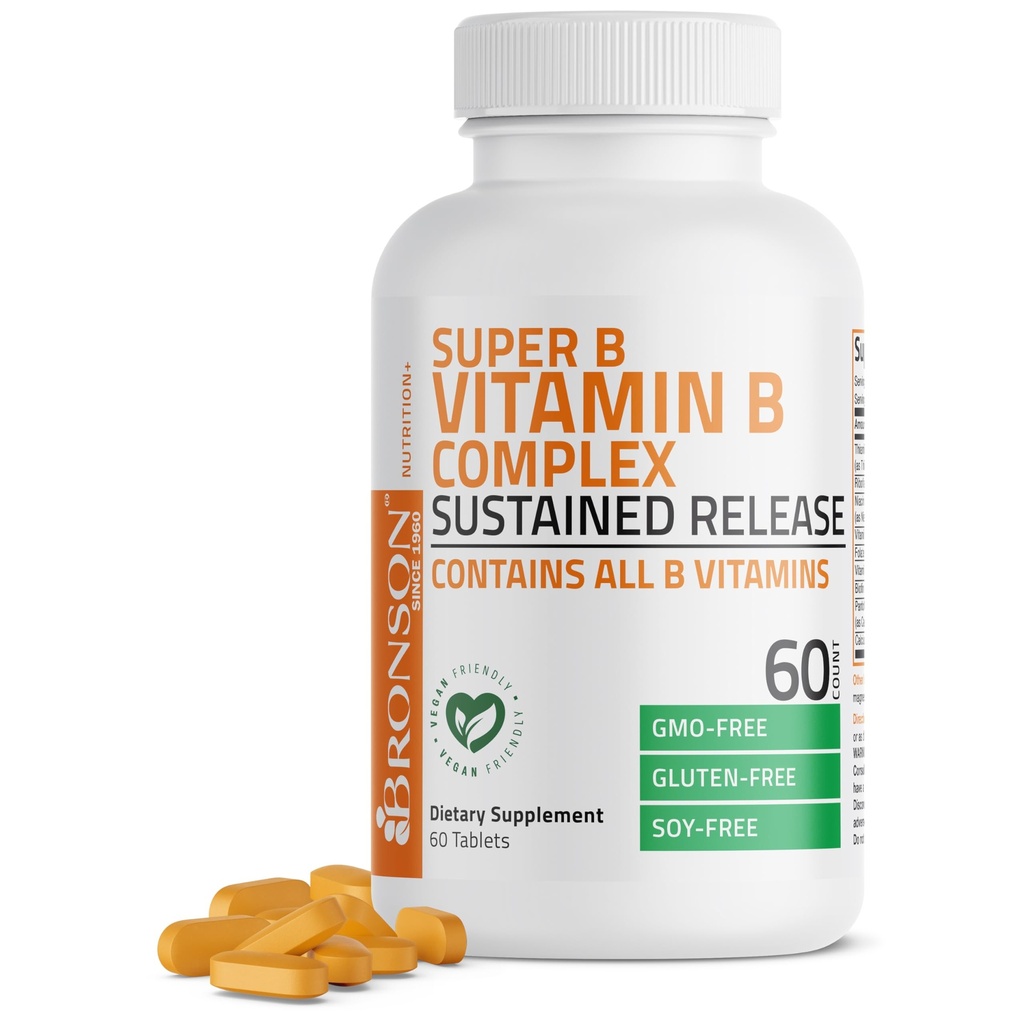 Bronson Super B Vitamin B Complex Παρατεταμένη αργή απελευθέρωση (βιταμίνη B1, B2, B3, B6, B9 - Φολικό οξύ, B12) Περιέχει όλες τις βιταμίνες Β 60 δισκία