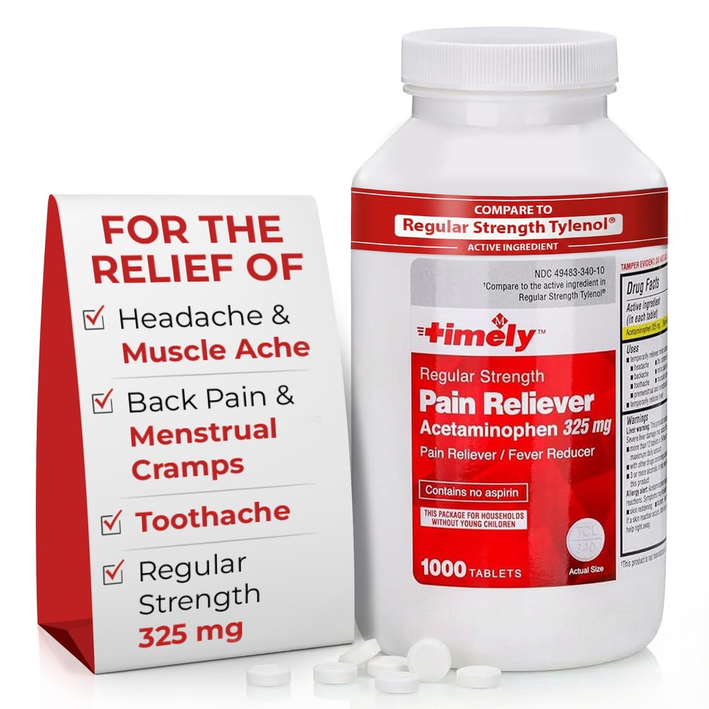 TIME-Cap Labs 1000 Tablets Regular Strength Acetaminophen 325mg - Pain Reliever & Fever Reducer for Adults, Helps with Headaches, Backaches, Muscle Pain, Toothaches, Arthritis & Menstrual Cramps