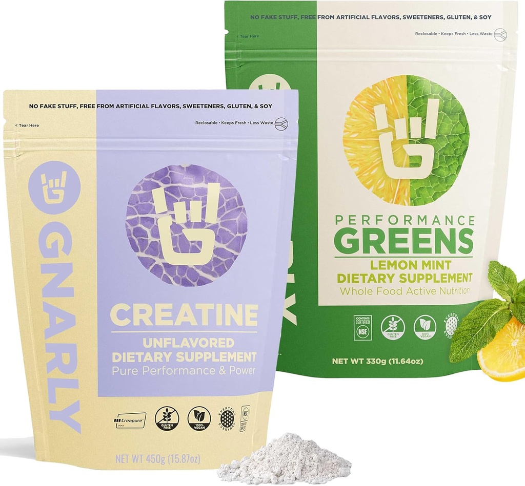 Gnarly Nutrition Creatine Powder, Unflavored (16.05oz) και Gnarly Performance Greens Λεμονάδα (11.64 oz)