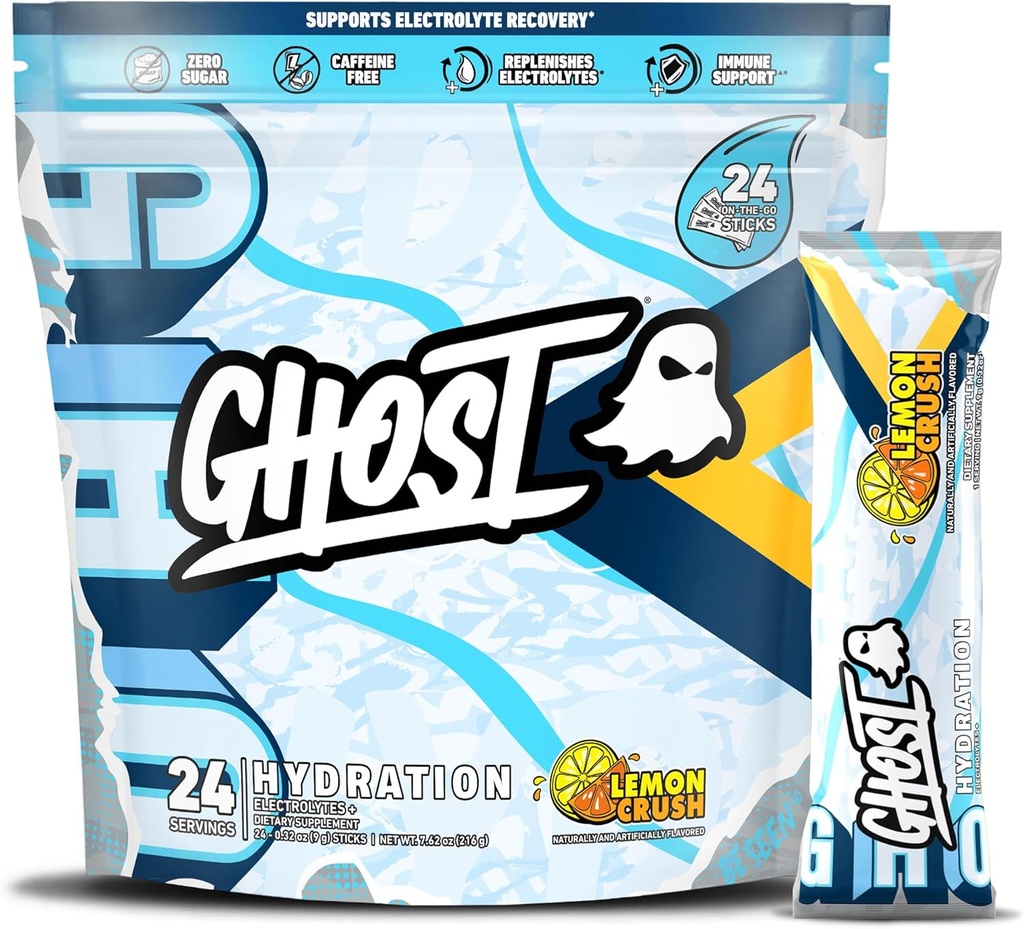 Συσκευασία ενυδάτωσης GHOST, Crush λεμονιού, 24 Sticks, Ηλεκτρολύτης σκόνη - Συμπλήρωμα μειγμάτων ποτών με μαγνήσιο, κάλιο, ασβέστιο, βιταμίνη C - Vegan φιλικό, χωρίς σόγια, ζάχαρη & γλουτένη
