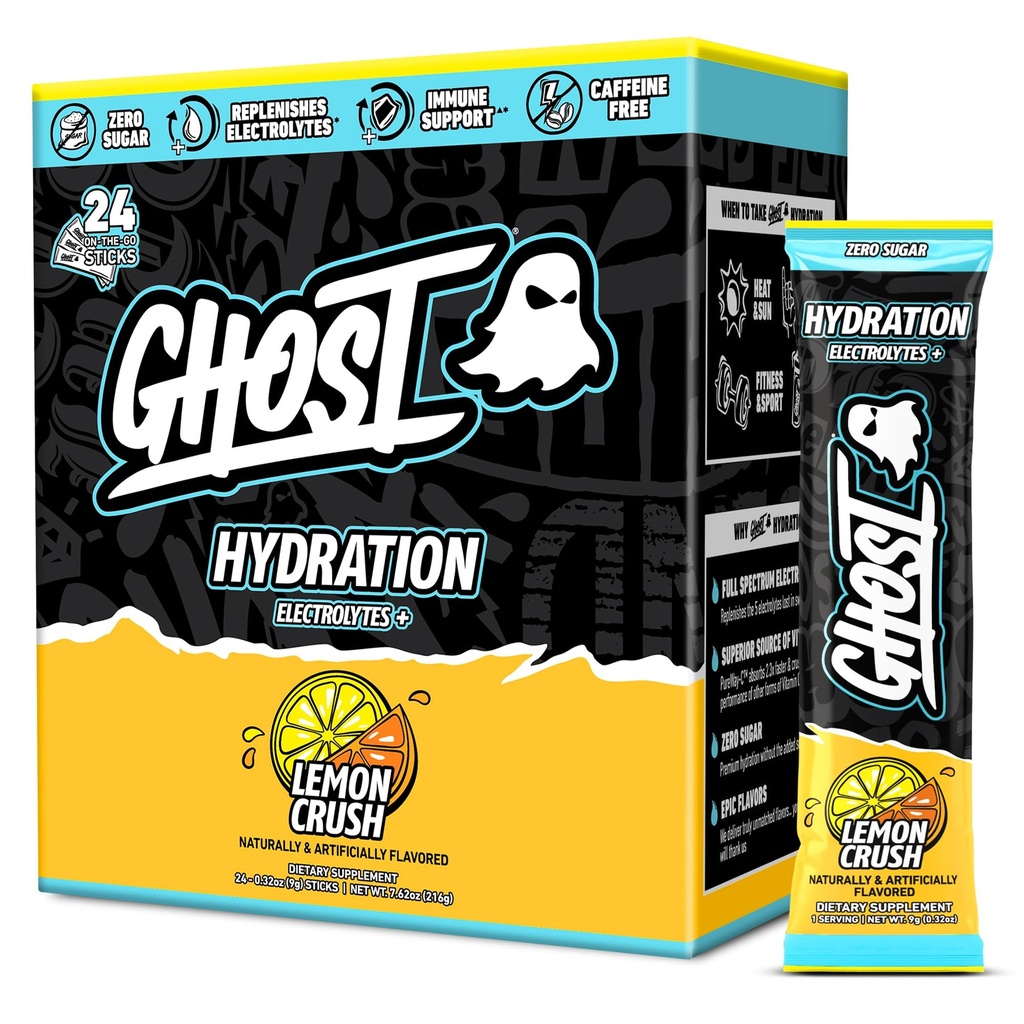 Συσκευασία ενυδάτωσης GHOST, Crush λεμονιού, 24 Sticks, Ηλεκτρολύτης σκόνη - Συμπλήρωμα μειγμάτων ποτών με μαγνήσιο, κάλιο, ασβέστιο, βιταμίνη C - Vegan φιλικό, χωρίς σόγια, ζάχαρη & γλουτένη