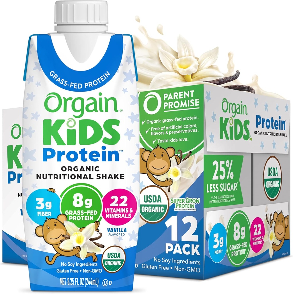 Orgain Organic Kids Nutritional Protein Shake, Vanilla, Healthy Kids Snacks, 8g Dairy Protein, 3g Fiber, 22 Βιταμίνες & Ορυκτά, Χωρίς συστατικά σόγιας, Χωρίς γλουτένη, Μη ΓΤΟ, 8,25 fl Oz (Pack of 12)