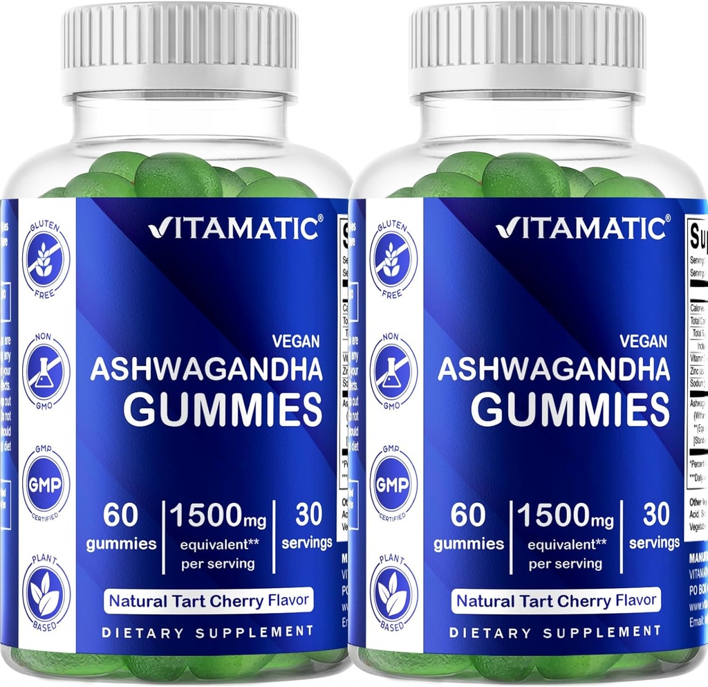 Vitamatic 2 Pack Ashwagandha Gummies 1500 mg Ισοδύναμο ανά υπηρεσία (από 30:1 Extract 50 mg) - 60 Vegan Gummies - 3% Withanolides
