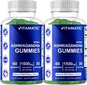 Vitamatic 2 Pack Ashwagandha Gummies 1500 mg Equivalent Per Serving (from 30:1 Extract 50 mg) - 60 Vegan Gummies - 3% Withanolides