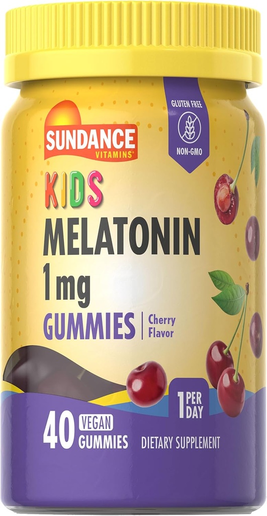 Sundance Kid's Melatonin Gummies 1mg | 40 Count | Cherry Flavor | Vegan, Non-GMO, and Gluten Free Supplement