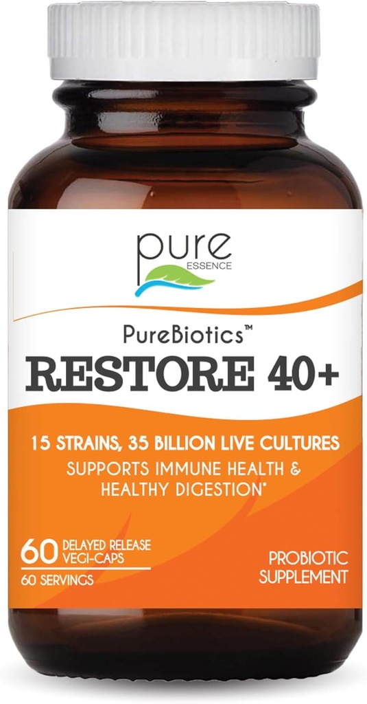 PURE ESSENCE LABS PureBiotics Restore 40+ Probiotic Supplement - Supports Immune & Digestive Health - Dairy & Gluten Free - 15 Strains (35 Billion CTU) Adults Natural Probiotics (60 Caps)