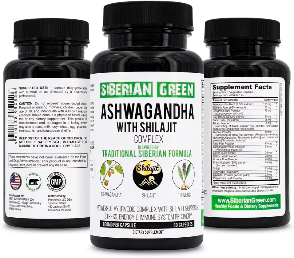 Siberian Green Ashwagandha με Altai Shilajit & Turmeric Ayurvedic Complex 60 κάψουλες – Παραδοσιακή Siberian Formula Stress Relief, Mood, Energy Support, Ανοσοποιητικό σύστημα αποκατάστασης