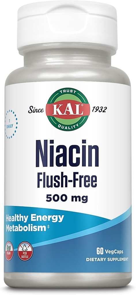KAL Niacin 500mg Flush Free - Συμπλήρωμα βιταμίνης B3 - Μεταβολισμός και την υποστήριξη της ενέργειας - Δέρμα, νεύρο, Digestive Υγεία και Κυκλοφορία Υποστήριξη - Βιταμίνη Vegan, 60-Day Εγγύηση, 60 Σερβιέτες, 60 VegCaps
