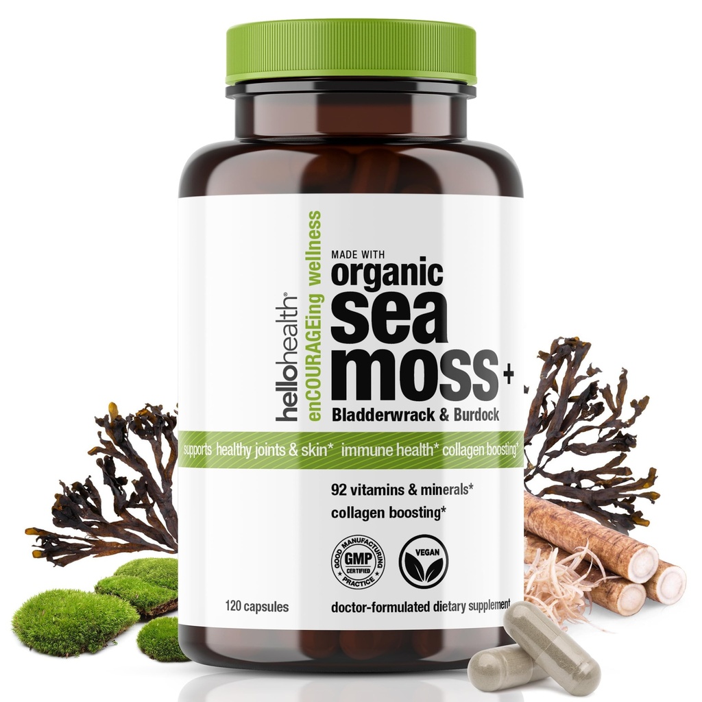 HELLO HEALTH Irish Sea Moss Capsules Wildcrafted Sea Moss, Burdock Root & Bladderwrack Prebiotic Super Food for Immune Support, Thyroid Support, Natural Energy, -120 Caps