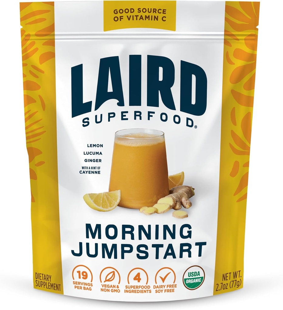 Laird Superfood Morning Jumpstart Powder Drink Supplement, Λεμόνι, Lucuma, Ginger και Cayenne Cleanse, Organic, 2.7 Oz Τσάντα, Συσκευασία του 1