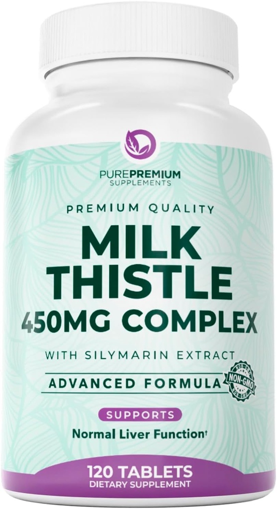 PurePremium Milk Thistle Supplement – Liver Cleanse Detox & Repair, 80% Silymarin Standardized Extract – High Potency 450mg Complex Supports Normal Liver Function – Non-GMO, Gluten-Free - 120 Supply