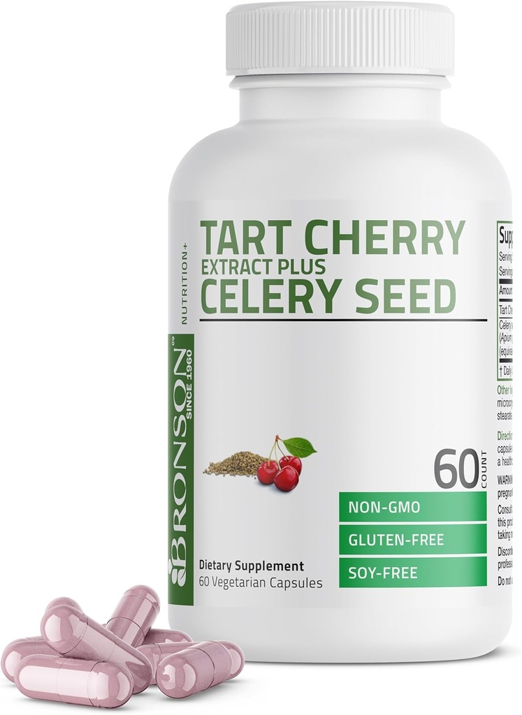 Bronson Tart Cherry Extract + κάψουλες σπόρων σέλινου - Ισχυρός καθαρισμός ουρικού οξέος, κοινή υποστήριξη κινητικότητας και συμπλήρωμα αποκατάστασης μυών - Μη ΓΤΟ Φόρμουλα - 60 κάψουλες χορτοφάγων