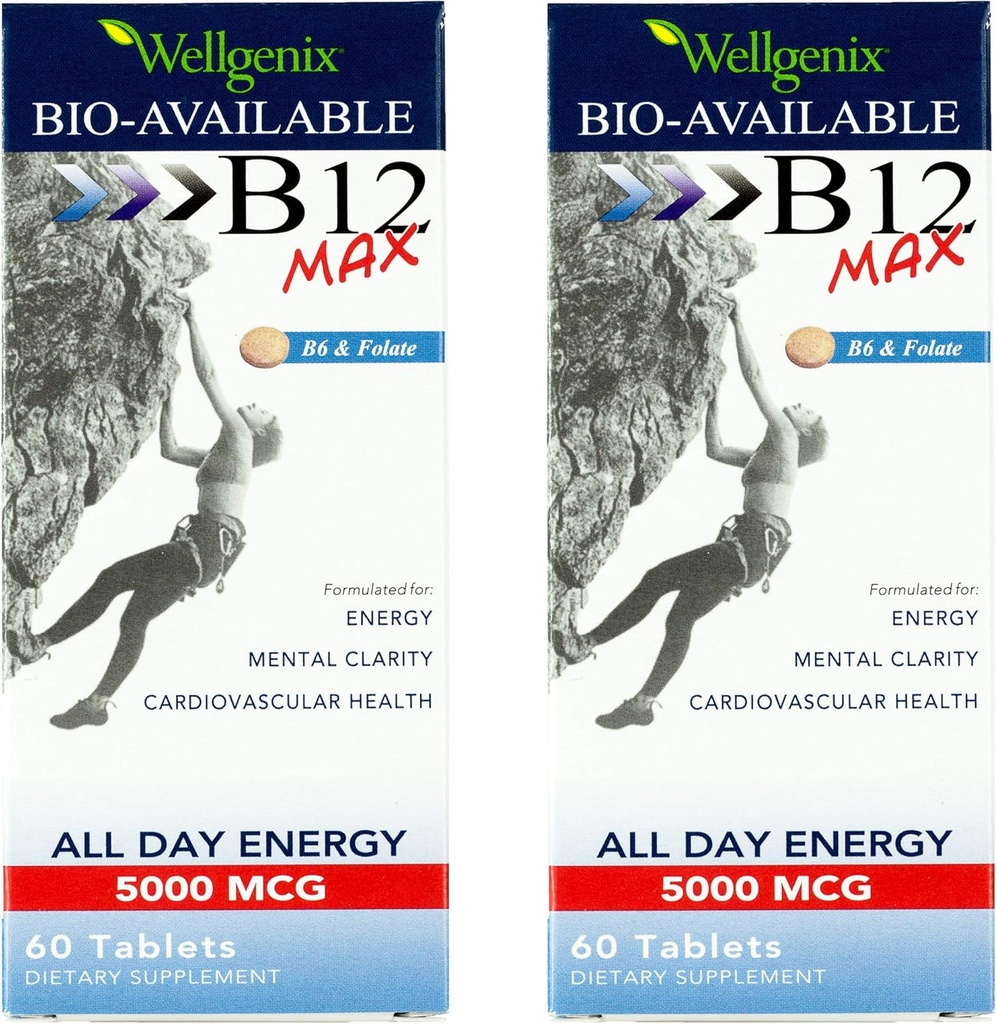 Wellgenix Bio-διαθέσιμη Υπογλώσσια B12 Max - Formated for High Absorption - Διατροφική Πολυβιταμίνη B12, B6, Folate - Γρήγορη Διάλυση (60 Ct) 2 Συσκευασία