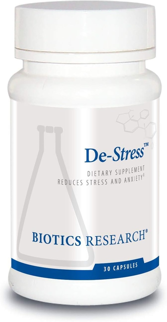Biotics Research De-Stress πατενταρισμένο θρεπτικό υλικό σχεδιασμένο για την υποστήριξη της ηρεμίας, υγιεινές συνήθειες ύπνου, όλα-φυσικά υποστηρίζει ψυχική ευεξία & ηρεμία. 30 κάψουλες