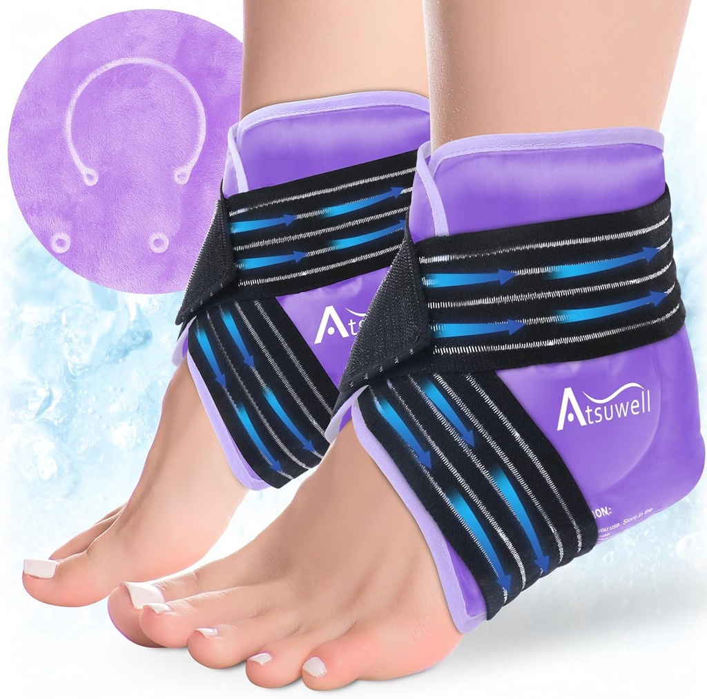 Atsuwell Ankle Ice Pack Wrap 2 Packs, Ankle Ice Wraps Ευέλικτη Gel Cold Pack για το πόδι Heel, Ψυχρή θεραπεία συμπίεσης για καταπραϋντική δυσφορία, μοβ