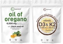 Micro Ingredients Oil of Oregano Softgels 6,000mg Per Serving & Vitamin D3 10,000iu + K2 200mcg Coconut Oil Softgels Bundle 2 Pack | 4X Strength Carvacrol & Thymoquinon | Essential Sunshine Vitamins