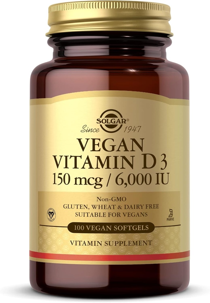 Solgar Vegan Vitamin D3 (Cholecalciferol) 150 mcg (6.000 IU) - 100 Softgels - Ανοσοποιητική Υποστήριξη, Βοηθά στη Διατήρηση Υγιών Οστέων & Δόντια - Μη ΓΤΟ, Πιστοποιημένος Vegan, Γλουτένη & Γαλακτοκομικά Χωρίς - 100 Σερβιέτες