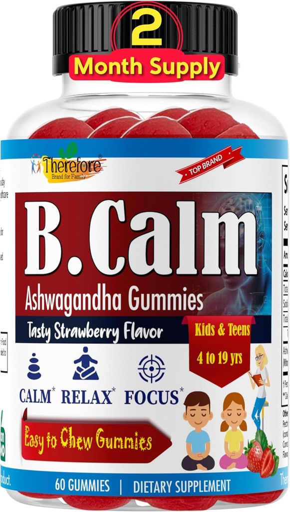 Therefore B.Calm Kids Focus & Attention Gummies - Anti-Stress, Memory, Mood & Relaxation- Natural Calm Ashwagandha for Kids & Teens – Focus Vitamins for Teens – Strawberry Flavor, 60 ct