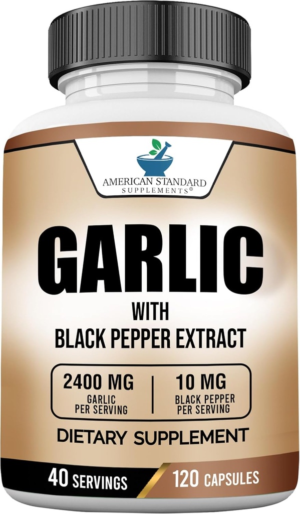 American Standard Συμπληρώματα Σκόρδο 2400mg ανά Σερβίρισμα με Black Pepper Fruit Extract – Vegan, Gluten Free, Non-GMO, 120 κάψουλες, 40 εξυπηρετούν