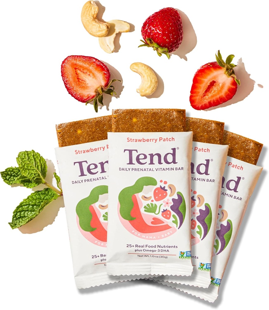 Tend Daily Best Prenatal Vitamin Bar, Φτιαγμένο με οργανικά συστατικά για Έγκυες & Επιλόχειες Μητέρες, Περιλαμβάνει DHA, Βιταμίνη D, B, Χολίνη, Folate - Φράουλα Patch (4ct)