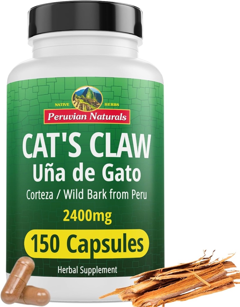 Pervian Naturals Cat's Claw Herbal Supplement 150 Κάψουλες - Uña de Gato 2400mg Vegan, 100% Natural Cats Claw Bark Grown in Peru, Non-GMO, Uncaria Tomentosa UNA de Gato