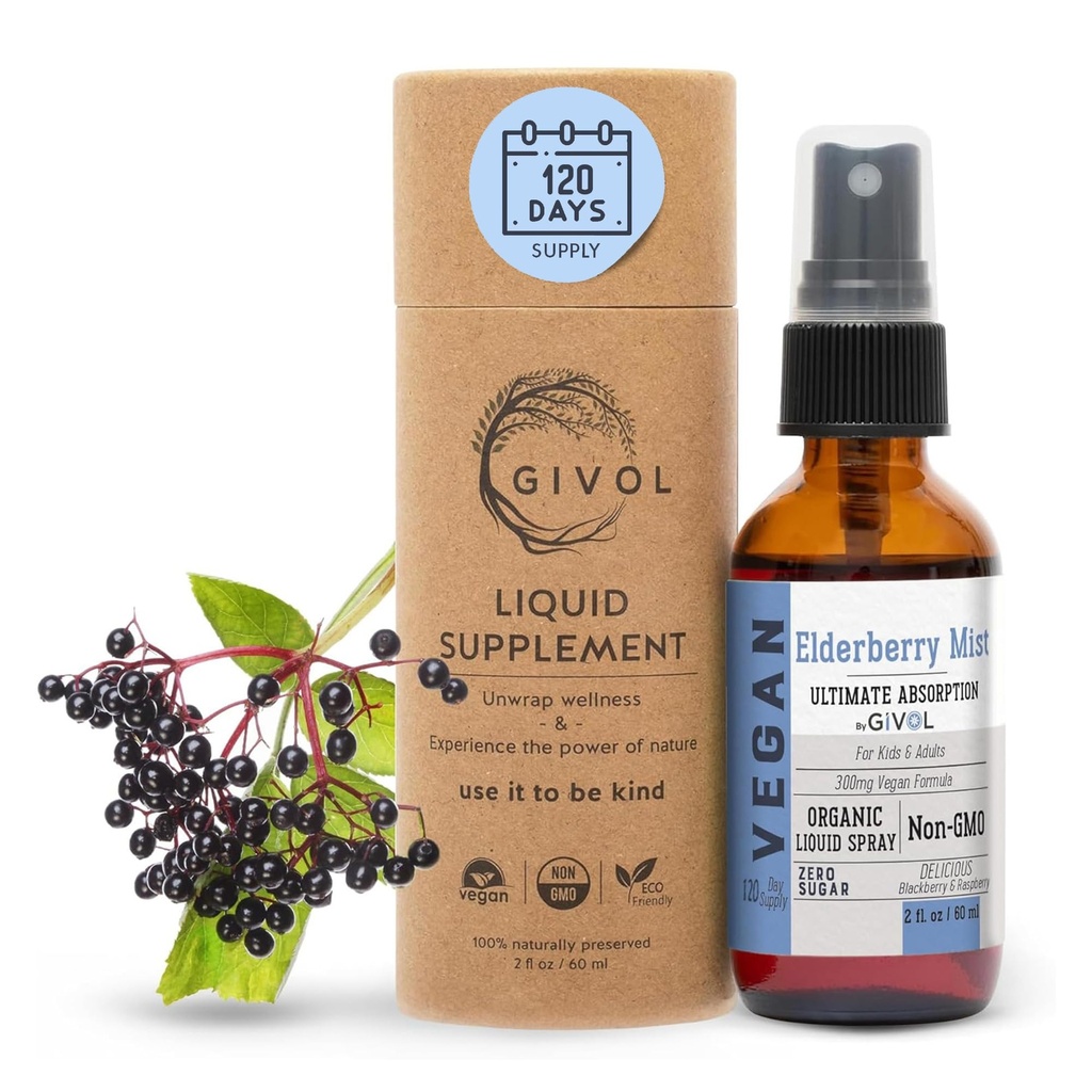 Βιολογικό εκχύλισμα Liquid Mist Elderberry (Sambucus Nigra) – Επιπλέον ενίσχυση ανοσοποίησης για παιδιά και ενήλικες – Υψηλά επίπεδα φλαβονοειδών, εύκολη απορρόφηση, μη-GMO, Vegan – 120 ημερών προμήθεια