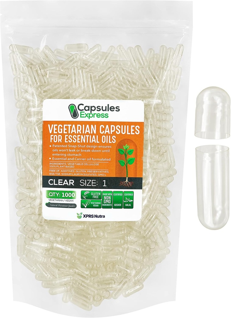 XPRS Nutra Μέγεθος 1 Κενές κάψουλες Vegan - 1000 κάψουλες Clear Veggie κόμη για τα περισσότερα αιθέρια έλαια - άδεια χάπια λαχανικών - DIY πλήρωσης λαδιού