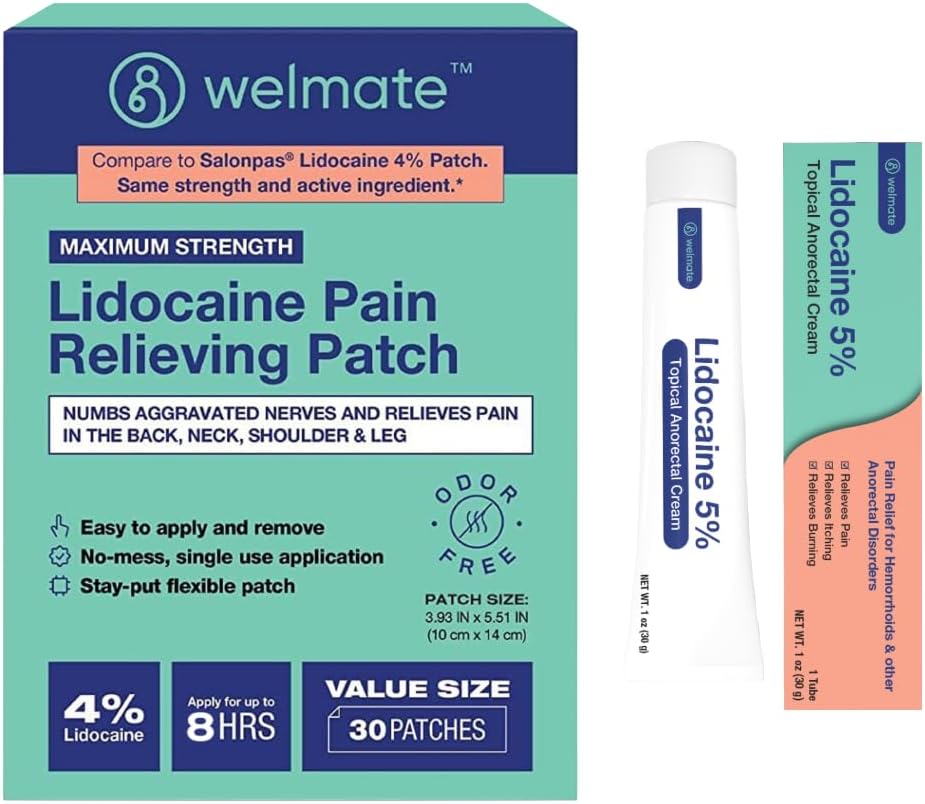 WELMATE Ultimate Pain Relief Duo: 4% Λιδοκαΐνη Numbing Patch (30 Ct) & 5% Lidocaine Cream (1 Oz)