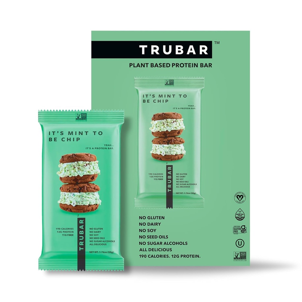 TRUBAR Vegan Protein Bars - Soy Free, Dairy Free, Gluten Free Protein Bars - No Sugar Alcohols - Non-GMO - 12g of Protein - It's Mint To Be Chip - 12 Count