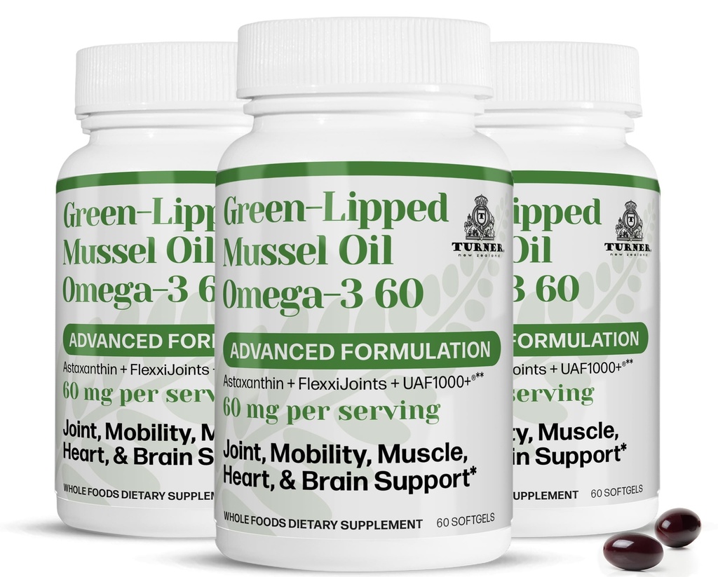 TURNER New Zealand Green Liped Omega-3 Mussel Oil, 53x Ανώτερη Ικανότητα με UAF1000+ Super Antioxidant. Χωρίς ψαρική επίγευση, 3 μπουκάλια, 180 Softgels