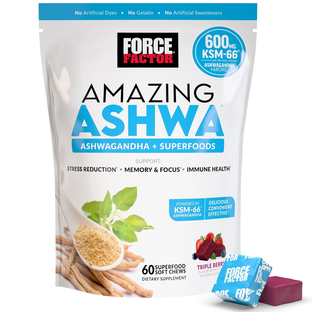 Force Factor Amazing Ashwa για ανακούφιση από το στρες, μνήμη, εστίαση, και ανοσοποιητική υποστήριξη υγεία, Ashwaganda συμπλήρωμα με KSM-66 Ashwagandha για το στρες, 60 μαλακά μάσημα