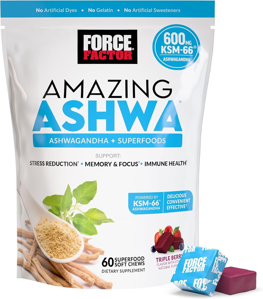 Force Factor Amazing Ashwa για ανακούφιση από το στρες, μνήμη, εστίαση, και ανοσοποιητική υποστήριξη υγεία, Ashwaganda συμπλήρωμα με KSM-66 Ashwagandha για το στρες, 60 μαλακά μάσημα