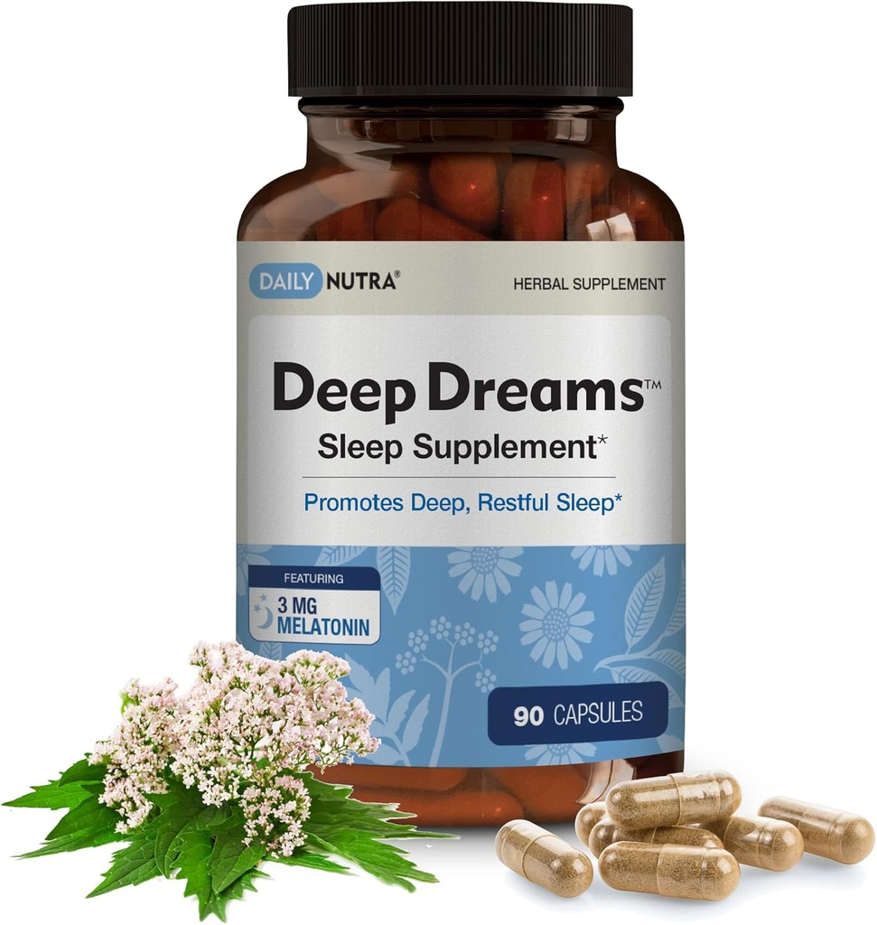 Deep Dreams ~ Natural Sleep Supplement - Προάγει τον βαθύ, ξεκούραστο ύπνο - Μείγμα μελατονίνης, L-Tryptophan, Apigenin, Valerian, χαμομήλι, & Passionflower (90 κάψουλες)