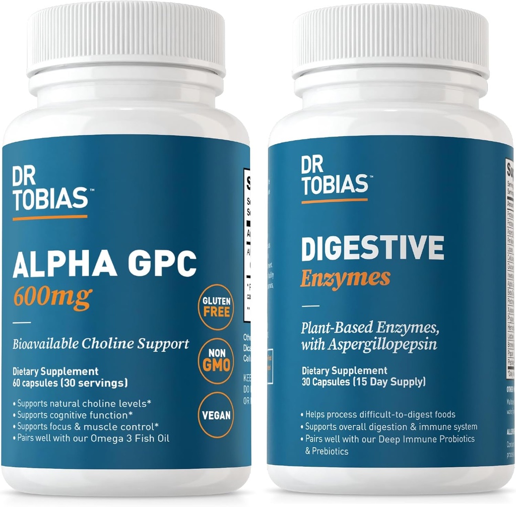 Dr. Tobias Alpha GPC & Digestive Enzymes - Γνωστική λειτουργία υποστήριξης & Everyday Gut Health με Bioδιαθέσιμο συμπλήρωμα χολίνης & Premium Enzymes για την πέψη, μη-GMO