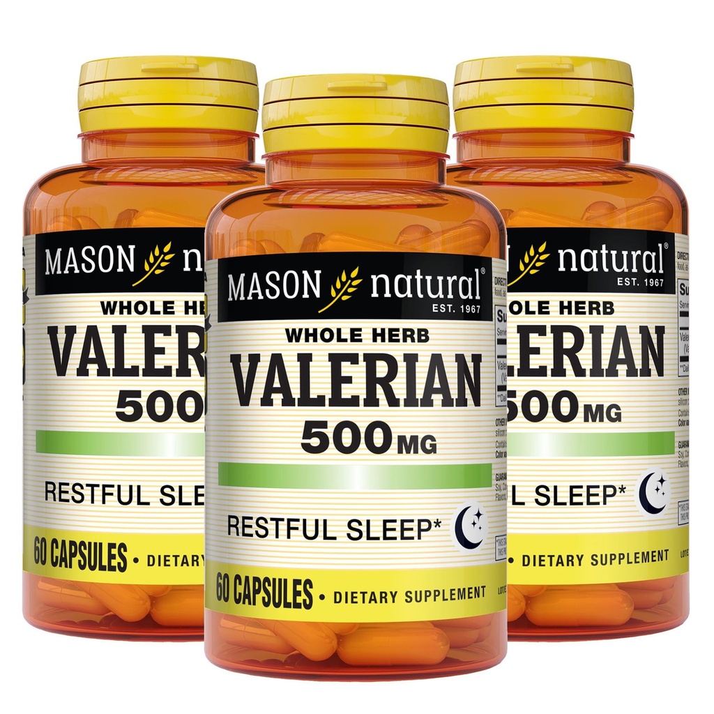 MASON NATURAL Valerian Root 500 mg, 6μηνη παροχή, φυσική βοήθεια ύπνου, προωθεί υγιή & ξεκούραστο ύπνο, συμπλήρωμα βοτάνων, 3 συσκευασία