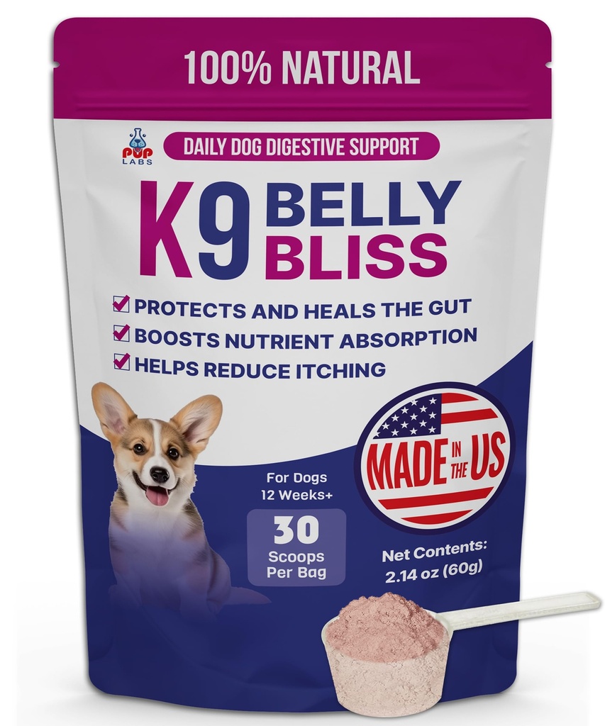 K9 Belly Bliss, All-Φυσική Υγεία Gut για τους σκύλους, Vet Εγκεκριμένο Πρεβιοτικό για τους σκύλους για την καθημερινή Digestive Υποστήριξη και ανακούφιση δυσκοιλιότητας των σκύλων, εύκολο στη χρήση Τόπερ για ξηρή και υγρή τροφή, 30 Scoops.