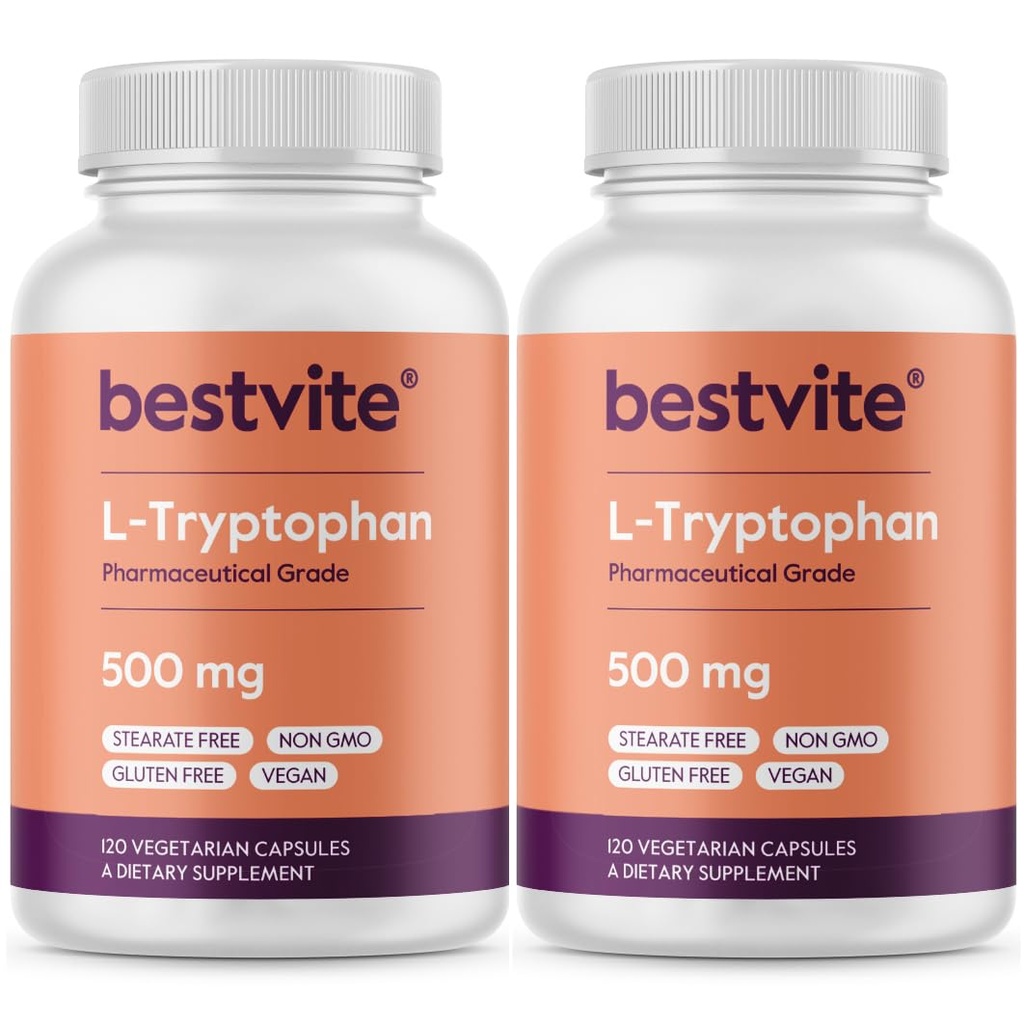 BESTVITE L-Tryptophan 500mg ανά καψάκιο (240 κάψουλες χορτοφαγικής) - Όχι στέαρ - Όχι Silica - Όχι Ζελατίνη - Vegan - Χωρίς γλουτένη - Μη ΓΤΟ