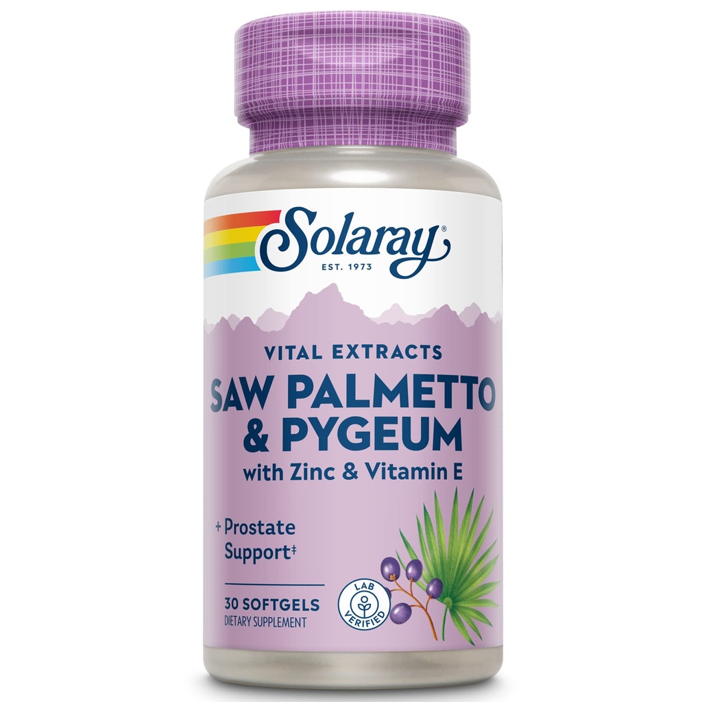 SOLARAY Saw Palmetto και Pygeum - Saw Palmetto για άνδρες w/Pygeum Bark, ψευδάργυρος, βιταμίνη Ε, Pumpkin Seed Oil - Συμπληρώματα Prostate για άνδρες w/Beta Σιτοστερόλη - 60-Ημέρα Εγγύηση - 30 Μερίδες, 30 Softgels