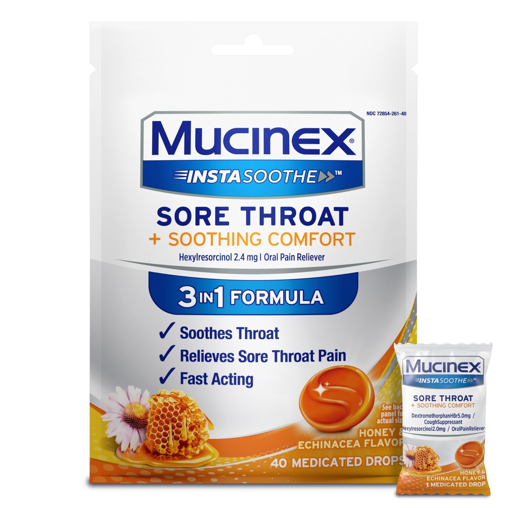 Mucinex Instasoothe Sore Lroat Relief Drops, Sore Lroat Lozenges, Sore Lroat Medicine με Hexylresorcinol, Cough Drops Εναλλακτική, Μέλι & Echinacea Flavor, 40 ct